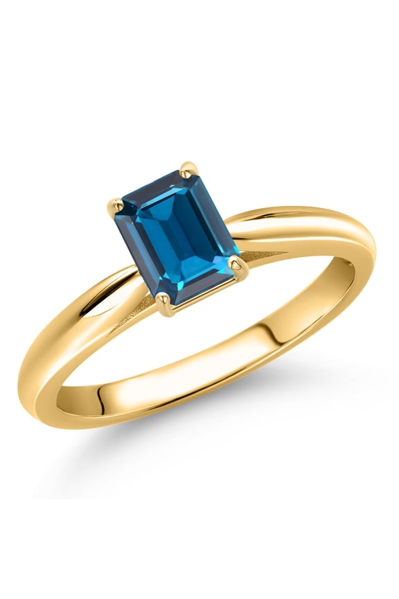 10K Yellow Gold London Blue Topaz Engagement Ring for Women | 0.66 Cttw | Emerald Cut 6X4MM | Gemstone November Birthstone | Size 7
