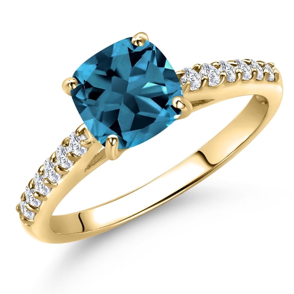 Gem Stone King 10K Yellow Gold London Blue Topaz and Lab Grown Diamond Engagement Ring for Women | 1.36 Cttw | Cushion 6MM | Gemstone November Birthstone | Size 7