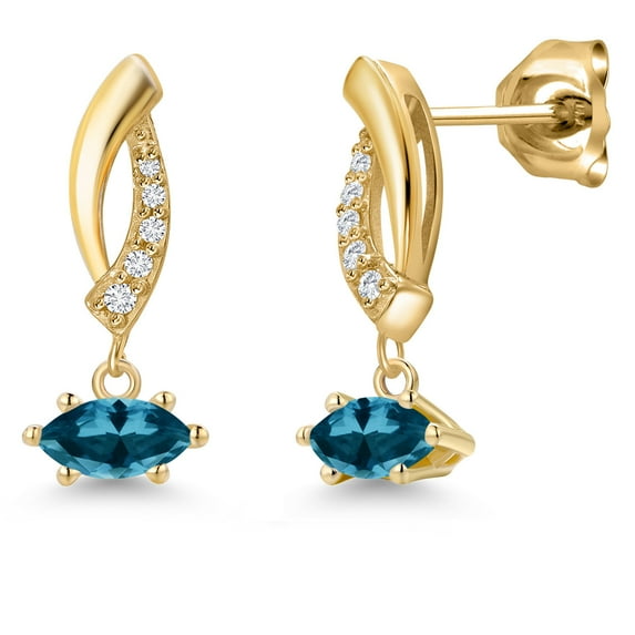 Gem Stone King 10K Yellow Gold London Blue Topaz and Lab Grown Diamond Stud Dangle Earrings for Women | 0.65 Cttw | Gemstone November Birthstone | Marquise 6X3MM
