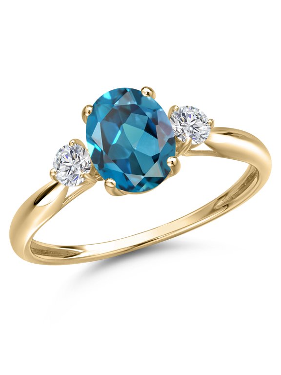 10K Yellow Gold London Blue Topaz and Lab Grown Diamond 3-Stone Ring for Women | 1.72 Cttw | Oval 8X6MM | Gemstone November Birthstone | Size 7