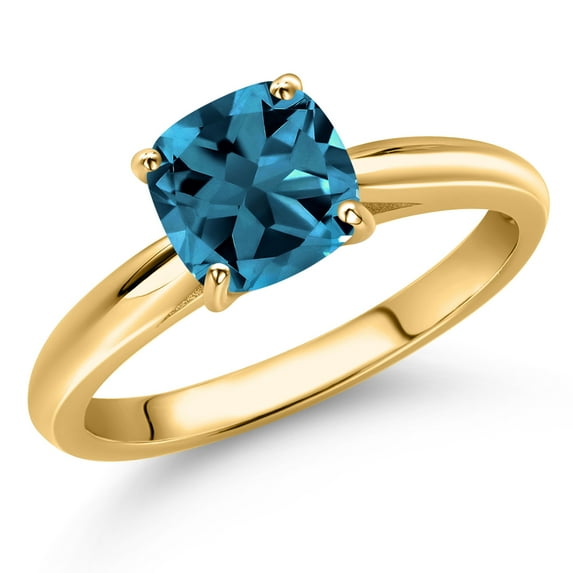 Gem Stone King 10K Yellow Gold London Blue Topaz Solitaire Engagement Ring for Women | 1.18 Cttw | Cushion 6MM | Gemstone November Birthstone | Size 8