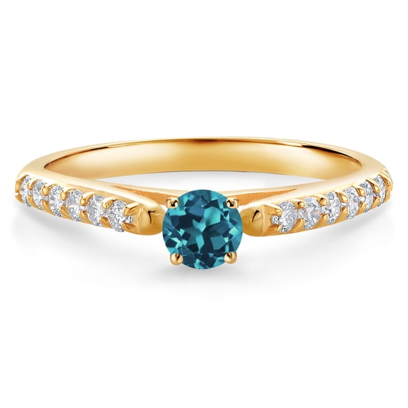 Gem Stone King 10K Yellow Gold London Blue Topaz and White Lab Grown Diamond Engagement Ring for Women (0.40 Cttw, Gemstone November Birthstone, Round 3.5MM, Size 5)