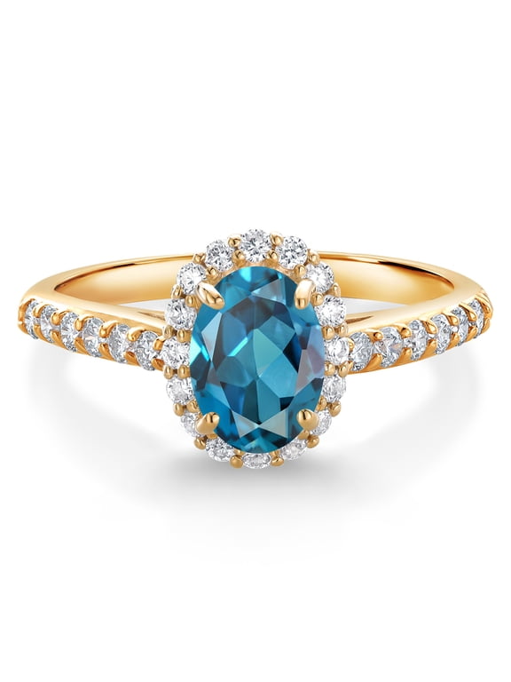 10K Yellow Gold London Blue Topaz and White Lab Grown Diamond Halo Engagement Ring for Women (1.31 Cttw, Gemstone November Birthstone, Oval 7X5MM)