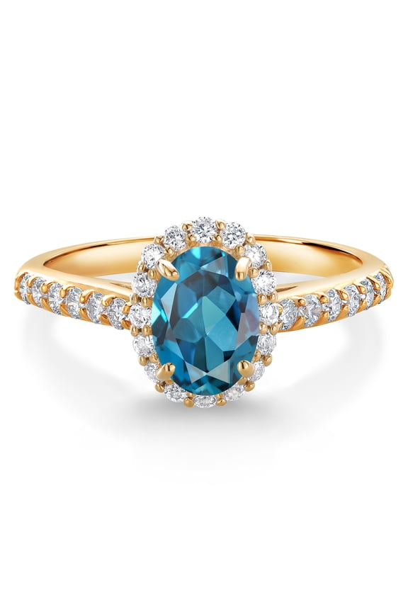 10K Yellow Gold London Blue Topaz and White Lab Grown Diamond Halo Engagement Ring for Women (1.31 Cttw, Gemstone November Birthstone, Oval 7X5MM)