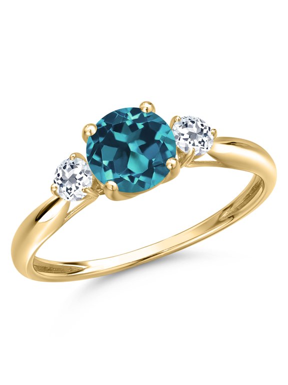 10K Yellow Gold London Blue Topaz and White Topaz 3-Stone Ring for Women | 1.38 Cttw | Round 6MM | Gemstone November Birthstone | Size 6