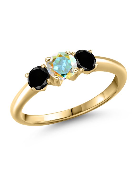 10K Yellow Gold Mercury Mist Mystic Topaz and Black Diamond Engagement Ring for Women | 1.09 Cttw | Round 5MM | Gemstone November Birthstone | Size 6