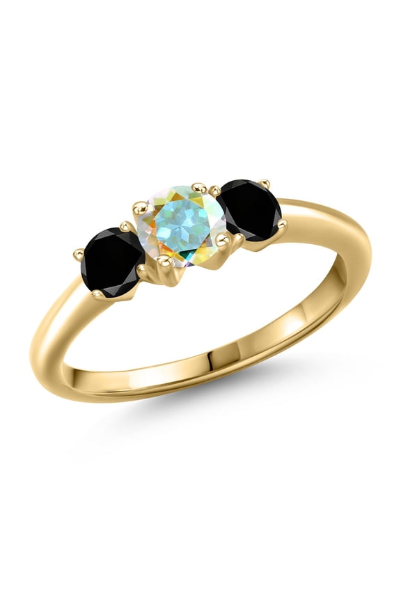 10K Yellow Gold Mercury Mist Mystic Topaz and Black Diamond Engagement Ring for Women | 1.09 Cttw | Round 5MM | Gemstone November Birthstone | Size 9