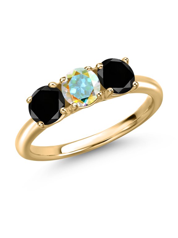 10K Yellow Gold Mercury Mist Mystic Topaz and Black Diamond Engagement Ring for Women | 1.65 Cttw | Round 5MM | Gemstone November Birthstone | Size 5