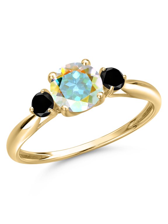 10K Yellow Gold Mercury Mist Mystic Topaz and Black Diamond 3-Stone Ring for Women | 1.20 Cttw | Round 6MM | Gemstone November Birthstone | Size 7