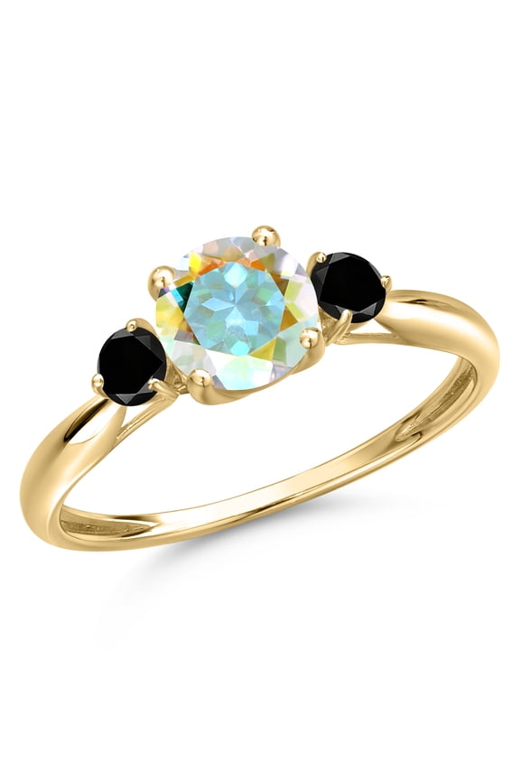 10K Yellow Gold Mercury Mist Mystic Topaz and Black Diamond 3-Stone Ring for Women | 1.20 Cttw | Round 6MM | Gemstone November Birthstone | Size 5