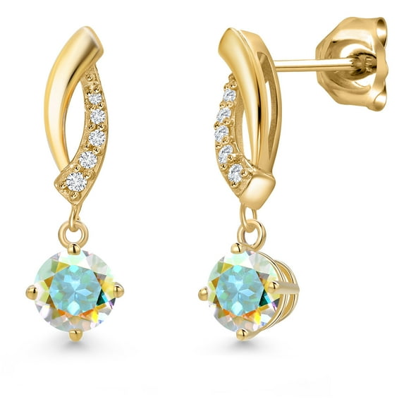 Gem Stone King 10K Yellow Gold Mercury Mist Mystic Topaz and Lab Grown Diamond Stud Dangle Earrings for Women | 1.15 Cttw | Gemstone November Birthstone | Round 5MM