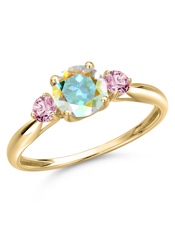 10K Yellow Gold Mercury Mist Mystic Topaz and Pink Lab Grown Diamond 3-Stone Ring for Women | 1.26 Cttw | Round 6MM | Gemstone November Birthstone | Size 6