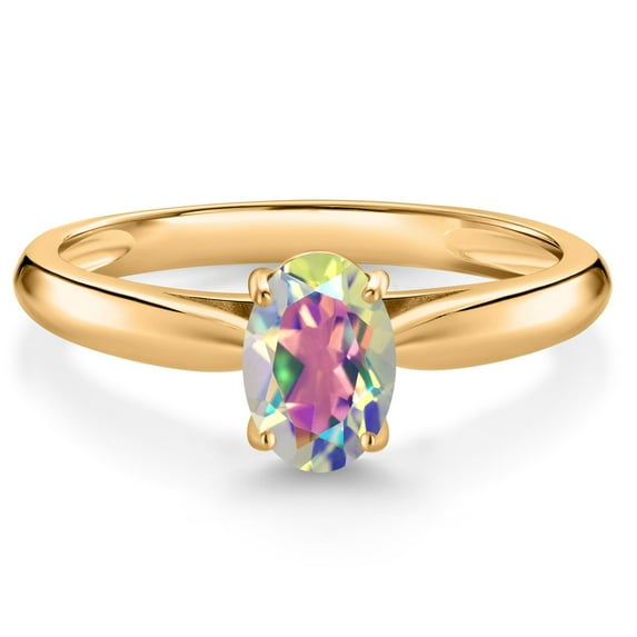 Gem Stone King 10K Yellow Gold Mercury Mist Mystic Topaz Solitaire Engagement Ring for Women (1.00 Cttw, Oval 7X5MM, Gemstone Birthstone, Available in Size 5, 6, 7, 8, 9)