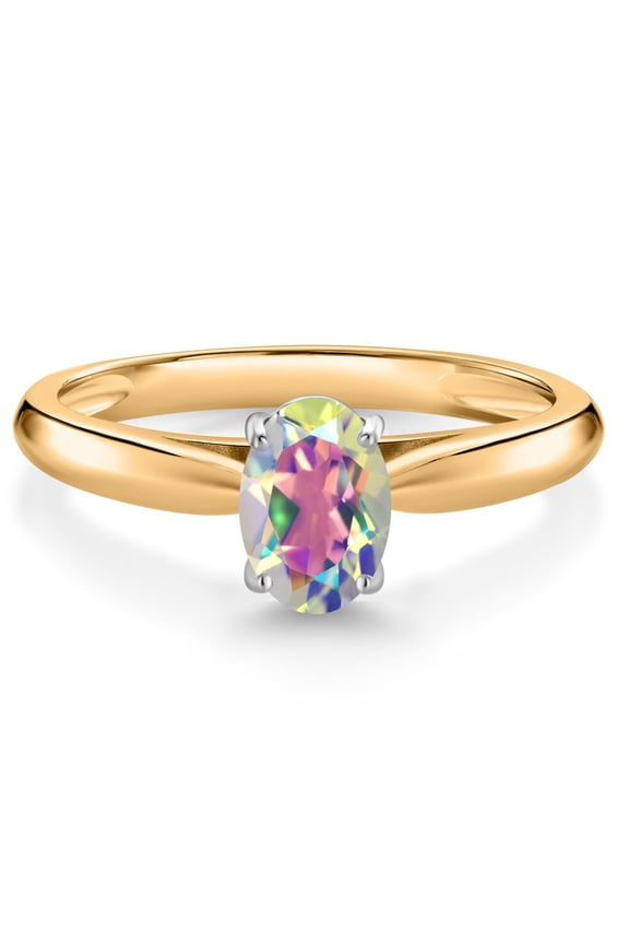 10K Yellow Gold Mercury Mist Mystic Topaz Solitaire Engagement Ring for Women (1.00 Cttw, Oval 7X5MM, Gemstone Birthstone, Size 8)