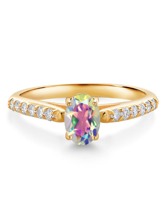 10K Yellow Gold Mercury Mist Mystic Topaz and White Lab Grown Diamond Engagement Ring for Women (1.18 Cttw, Oval 7X5MM, Gemstone Birthstone, Size 8)
