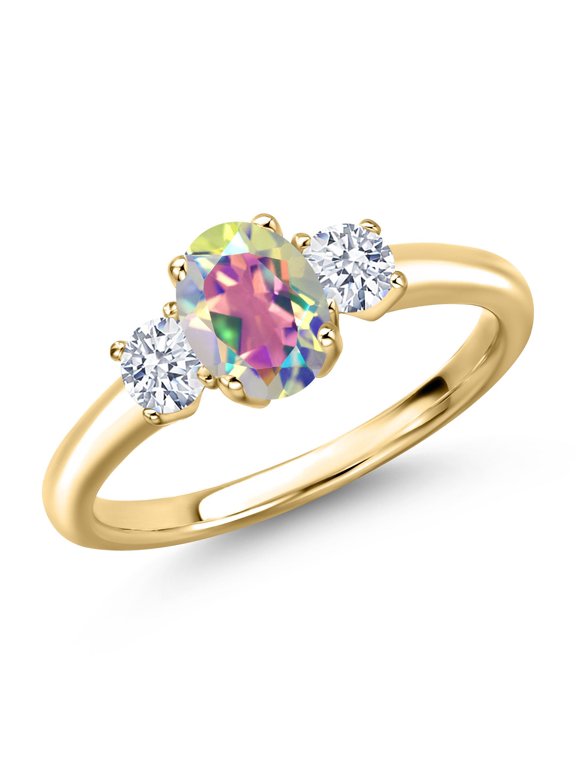 10K Yellow Gold Mercury Mist Mystic Topaz and White Zirconia Engagement Ring for Women | 1.65 Cttw | Oval 7X5MM | Gemstone November Birthstone | Size 8