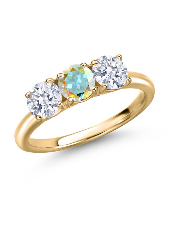 10K Yellow Gold Mercury Mist Mystic Topaz and White Zirconia Engagement Ring for Women | 2.05 Cttw | Round 5MM | Gemstone November Birthstone | Size 5