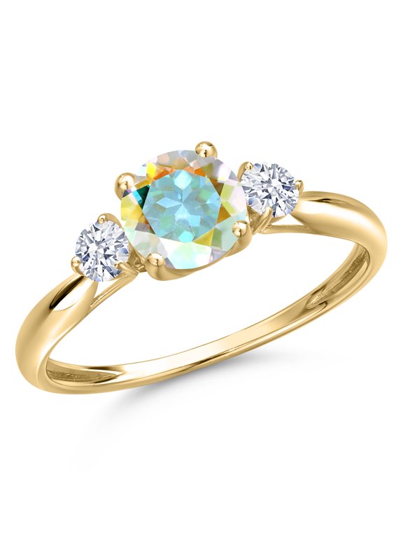 10K Yellow Gold Mercury Mist Mystic Topaz and White Zirconia 3-Stone Ring for Women | 1.22 Cttw | Round 6MM | Gemstone November Birthstone | Size 7