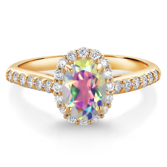Gem Stone King 10K Yellow Gold Mercury Mist Mystic Topaz and White Lab Grown Diamond Halo Engagement Ring for Women (1.31 Cttw, Gemstone, Oval 7X5MM)