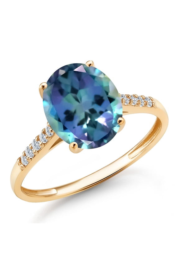 10K Yellow Gold Millennium Blue Mystic Topaz and White Diamond Engagement Ring for Women | 3.12 Cttw | Oval 10X8MM | Gemstone November Birthstone | Size 8