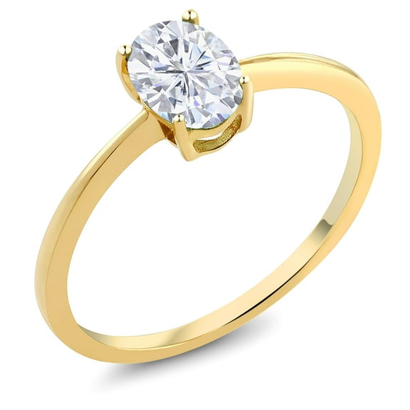 Gem Stone King 10K Yellow Gold White Moissanite Solitaire Engagement Ring for Women | 0.90 Cttw | Oval 7X5MM | Gemstone Birthstone | Available in Size 5,6,7,8,9