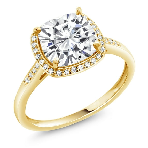 Gem Stone King 10K Yellow Gold Moissanite and White Diamond Women Engagement Ring (2.65 Cttw, Available in Size 5, 6, 7, 8, 9)