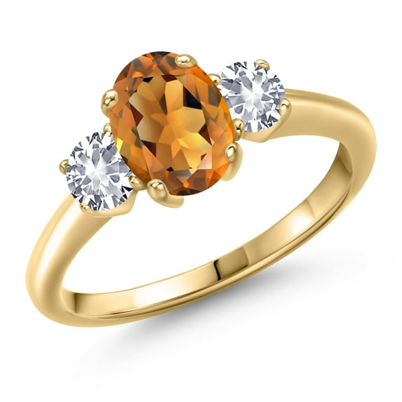 Gem Stone King 10K Yellow Gold Orange Red Madeira Citrine and White Created Sapphire Engagement Ring for Women | 1.60 Cttw | Oval 8X6MM | Gemstone November Birthstone | Size 9