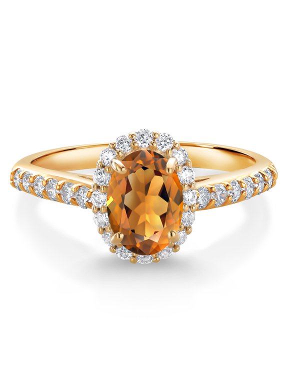 10K Yellow Gold Orange Red Madeira Citrine and White Lab Grown Diamond Halo Engagement Ring for Women (1.01 Cttw, Gemstone, Oval 7X5MM)