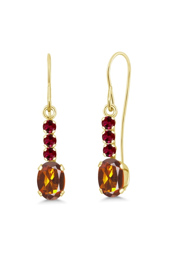 10K Yellow Gold Orange Red Madeira Citrine and Red Created Ruby Drop Dangle Earrings for Women (1.10 Cttw, Gemstone, Oval 6X4MM)
