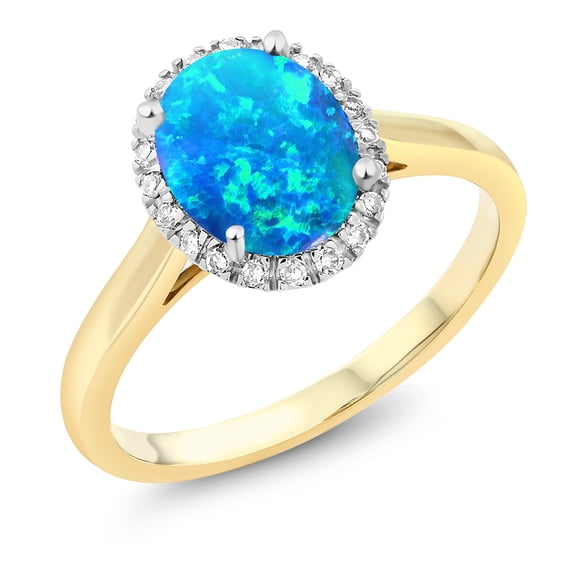 Gem Stone King 10K Yellow Gold Oval Cabochon Blue Simulated Opal Women Ring (0.56 Cttw)