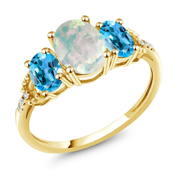Gem Stone King 10K Yellow Gold Oval Cabochon White Simulated Opal Swiss Blue Topaz and Diamond Accent 3-Stone Engagement Ring for Women | 2.14 Cttw (Size 6)