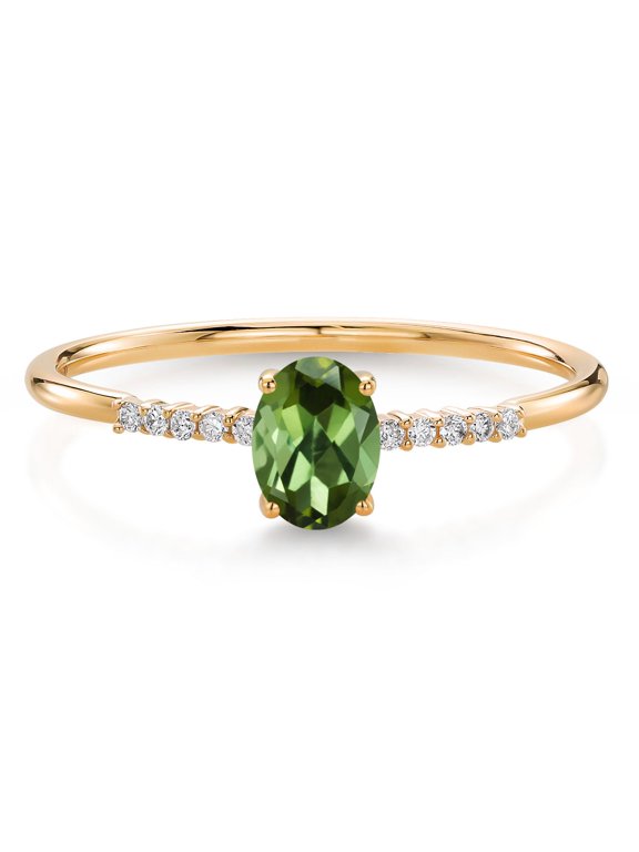 10K Yellow Gold Oval Green Tourmaline and White Lab Grown Diamond Engagement Ring for Women (0.55 Cttw, Oval 6X4MM, Gemstone October Birthstone, Available in Size 5, 6, 7, 8, 9)