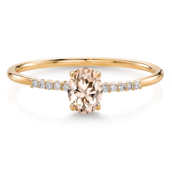 Gem Stone King 10K Yellow Gold Oval Peach Morganite and White Lab Grown Diamond Engagement Ring for Women (0.55 Cttw, Oval 6X4MM, Gemstone October Birthstone, Available in Size 5, 6, 7, 8, 9)