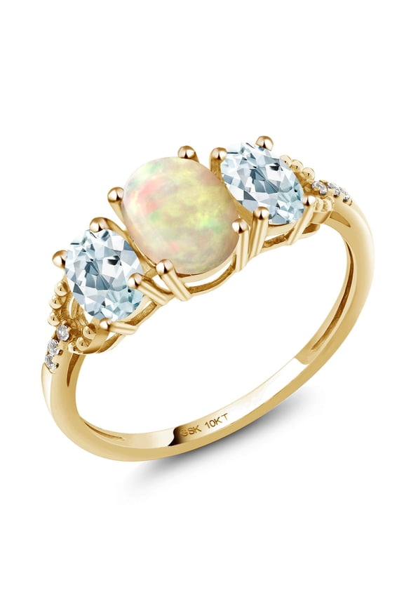 10K Yellow Gold Oval Red Created Ruby Sky Blue Aquamarine and Diamond 3-Stone Engagement Ring for Women (2.02 Cttw, Gemstone Birthstone, Size 9)