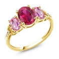 thumbnail image 1 of Gem Stone King 10K Yellow Gold Oval Red Created Ruby and Pink Sapphire Pink 3-Stone Ring for Women (2.74 Cttw, Size 5), 1 of 4