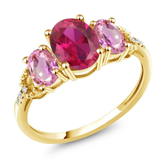 Gem Stone King 10K Yellow Gold Oval Red Created Ruby and Pink Sapphire Pink 3-Stone Ring for Women (2.74 Cttw, Size 6)