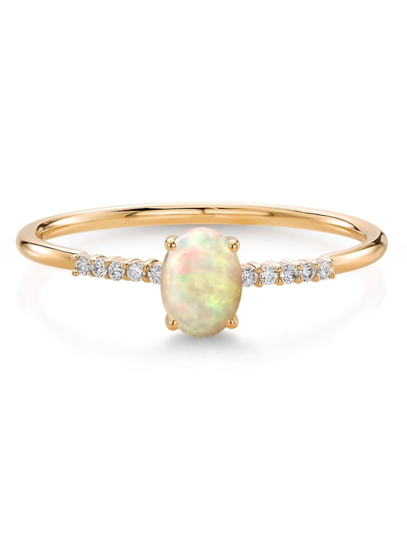 10K Yellow Gold Oval White Ethiopian Opal and White Lab Grown Diamond Engagement Ring for Women (0.37 Cttw, Oval Cabochon 6X4MM, Gemstone, Available in Size 5, 6, 7, 8, 9)