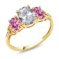 thumbnail image 1 of Gem Stone King 10K Yellow Gold Oval White Topaz Vivid Pink Moissanite and Diamond Accent 3-Stone Engagement Ring | 2.46 Cttw | Three Stone Wedding Anniversary Promise Ring for Women, 1 of 4