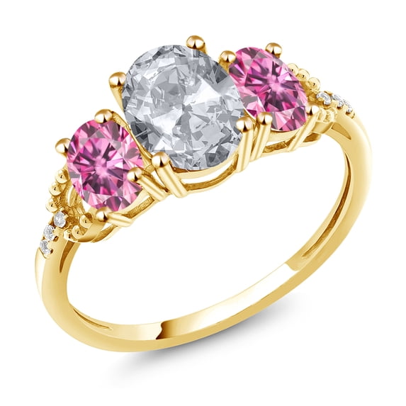 Gem Stone King 10K Yellow Gold Oval White Topaz Vivid Pink Moissanite and Diamond Accent 3-Stone Engagement Ring | 2.46 Cttw | Three Stone Wedding Anniversary Promise Ring for Women
