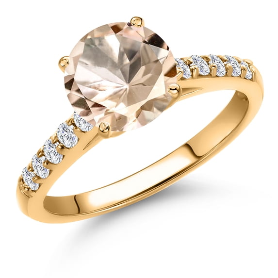 Gem Stone King 10K Yellow Gold Peach Morganite and Lab Grown Diamond Engagement Ring for Women | 1.90 Cttw | Round 8MM | Gemstone October Birthstone | Size 7