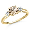 thumbnail image 1 of Gem Stone King 10K Yellow Gold Peach Morganite and Lab Grown Diamond 3-Stone Ring for Women | 0.82 Cttw | Round 6MM | Gemstone October Birthstone | Size 7, 1 of 6