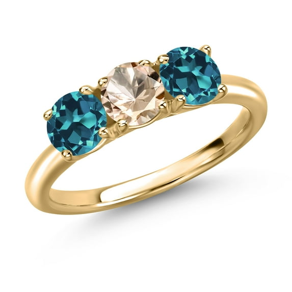 Gem Stone King 10K Yellow Gold Peach Morganite and London Blue Topaz Engagement Ring for Women | 1.80 Cttw | Round 5MM | Gemstone October Birthstone | Size 9