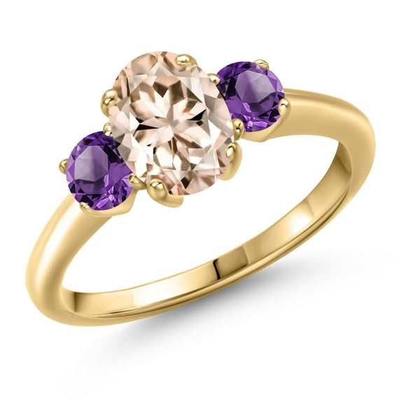 Gem Stone King 10K Yellow Gold Peach Morganite and Purple Amethyst Engagement Ring for Women | 1.50 Cttw | Oval 8X6MM | Gemstone October Birthstone | Size 6