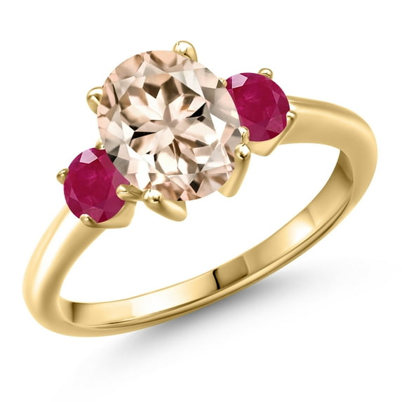 Gem Stone King 10K Yellow Gold Peach Morganite and Red Ruby Engagement Ring for Women | 2.30 Cttw | Oval 9X7MM | Gemstone October Birthstone | Size 5
