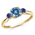 thumbnail image 1 of Gem Stone King 10K Yellow Gold Persian Blue Moissanite and Blue Created Sapphire 3-Stone Ring for Women | 1.08 Cttw | Round 6MM | Gemstone Birthstone | Size 9, 1 of 6