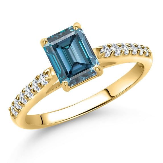 Gem Stone King 10K Yellow Gold Persian Blue Moissanite and Lab Grown Diamond Engagement Ring for Women | 1.18 Cttw | Octagon 7X5MM | Gemstone Birthstone | Size 7