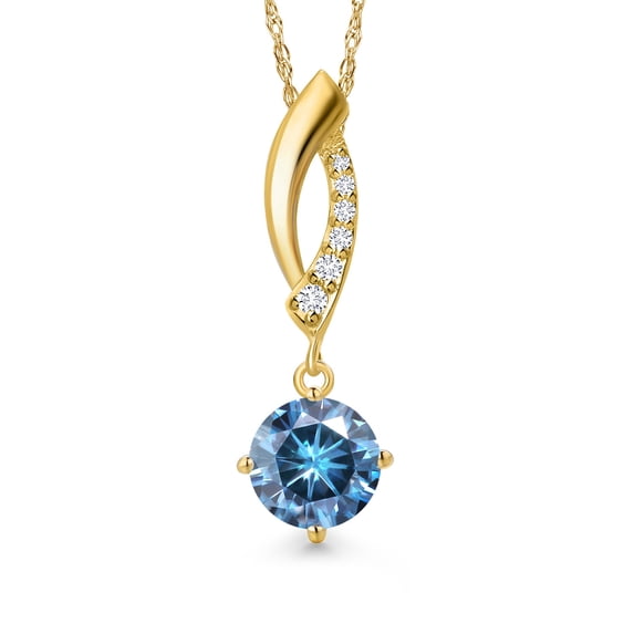 Gem Stone King 10K Yellow Gold Persian Blue Moissanite and Lab Grown Diamond Pendant Necklace for Women | 0.83 Cttw | Gemstone Birthstone | Round 6MM | With 18 inch Chain