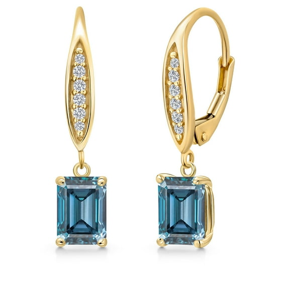 Gem Stone King 10K Yellow Gold Persian Blue Moissanite and Lab Grown Diamond Dangle Earrings for Women | 2.08 Cttw | Gemstone Birthstone | Octagon 7X5MM