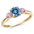 thumbnail image 1 of Gem Stone King 10K Yellow Gold Persian Blue Moissanite and Pink Lab Grown Diamond 3-Stone Ring for Women | 1.06 Cttw | Round 6MM | Gemstone Birthstone | Size 9, 1 of 6