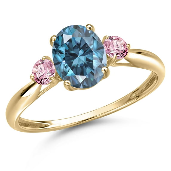 Gem Stone King 10K Yellow Gold Persian Blue Moissanite and Pink Lab Grown Diamond 3-Stone Ring for Women | 1.64 Cttw | Oval 8X6MM | Gemstone Birthstone | Size 9